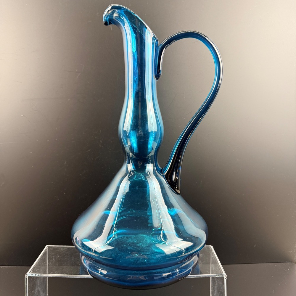 Vintage Blue Art Glass Pitcher Hand Blown 13" Mid Century Modern‎ Teal